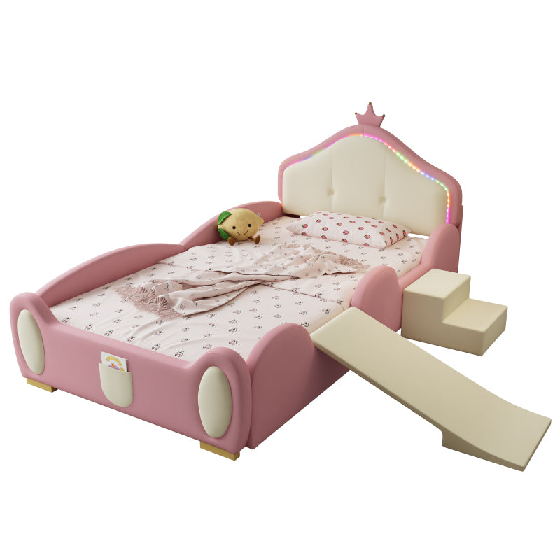 Polsterbett, Crown Cartoon Bett, Mit Multi-Mode-LED-Streifen, Kinderbett mit kleiner Rutsche und Treppe, mit schützenden weichen Kanten, mit Holzlatten, PU, Rosa + Beige, 90x200cm