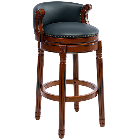 Barhocker aus Holz mit Kuhfell-Obermaterial, 360-Grad-Drehstuhl in Barhöhe mit Rückenlehne, Blau+Sitzhöhe 65 cm