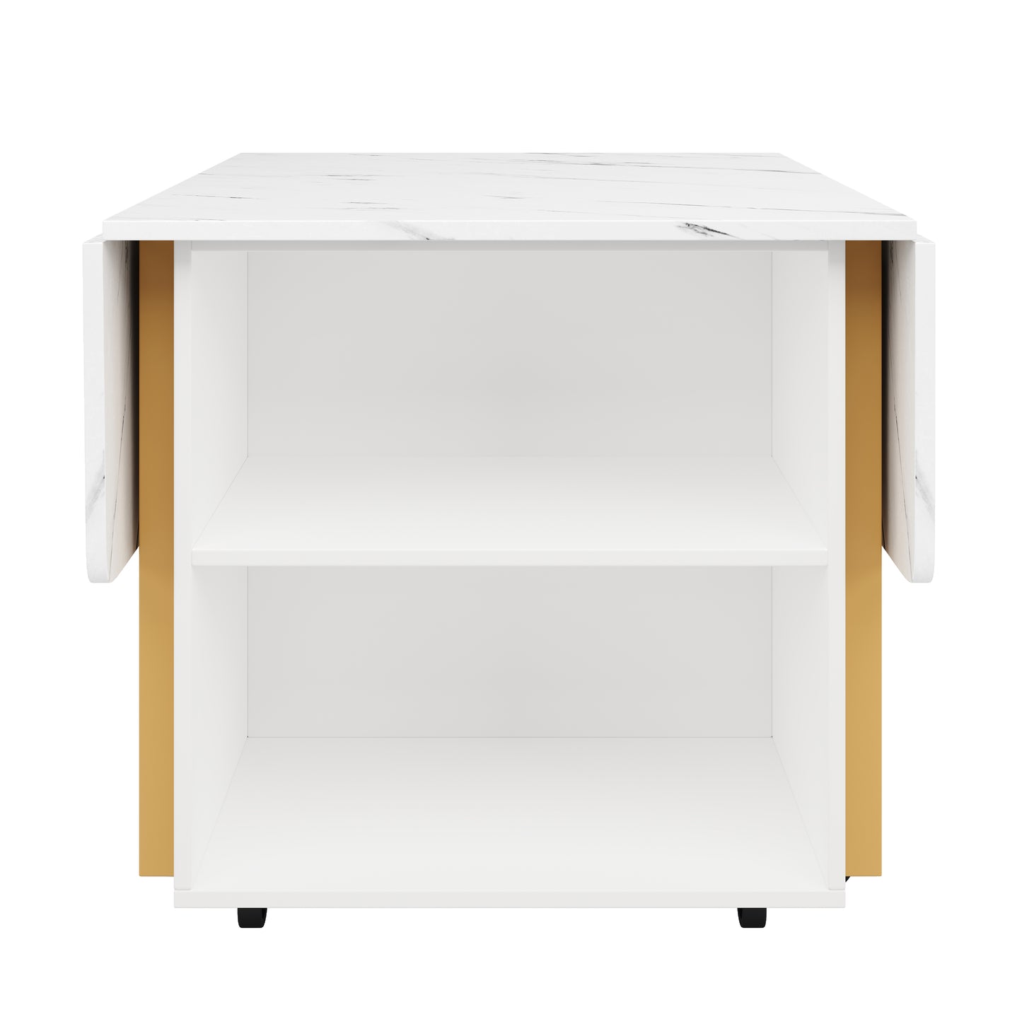 Tragbarer Esstisch, klappbare Tischplatte, marmorierte Tischplatte, geeignet für Esszimmer, Wohnzimmer, verstellbare Trennwände, große Ablagefächer, 6 Rollen (2 feststellbar), goldene Tischbeine