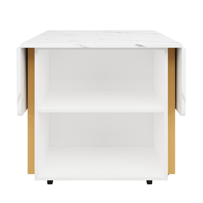 Tragbarer Esstisch, klappbare Tischplatte, marmorierte Tischplatte, geeignet für Esszimmer, Wohnzimmer, verstellbare Trennwände, große Ablagefächer, 6 Rollen (2 feststellbar), goldene Tischbeine