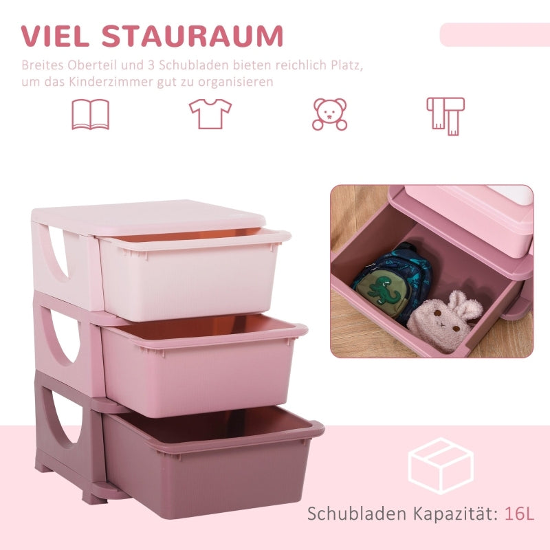 Spielzeugaufbewahrung, 3Ebenen, Kommode Kinderzimmer, kleiner Schubladenschrank für Kinder, Rosa