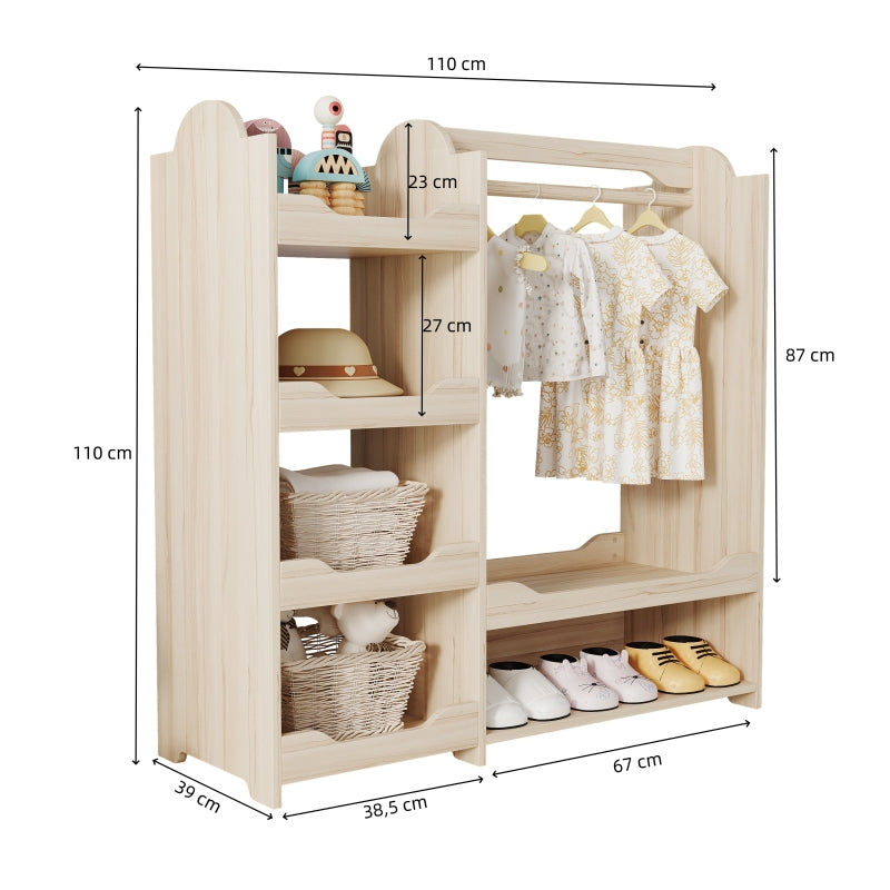 Kindergarderobe/Kinderkleiderschrank mit Kleiderstange & 4 Regalen, Aufbewahrung für Kinderzimmer, Standgarderobe Naturholz, 110*39*110 cm