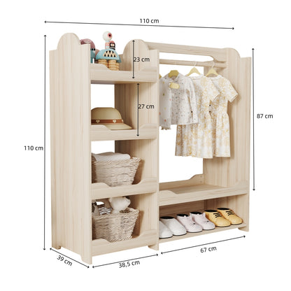 Kindergarderobe/Kinderkleiderschrank mit Kleiderstange & 4 Regalen, Aufbewahrung für Kinderzimmer, Standgarderobe Naturholz, 110*39*110 cm