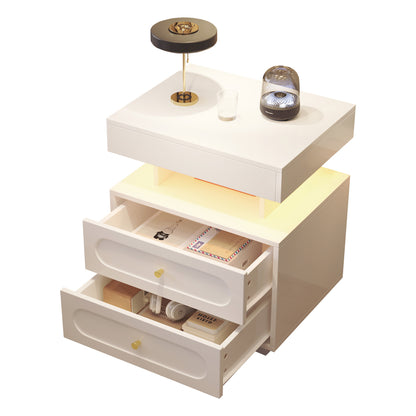 Nachttisch mit LED-Beleuchtung, Nachtkommode mit 2 Schubladen & offenem Fach, weißer Nachtschrank aus Spanplatte, B50×T40×H60 cm