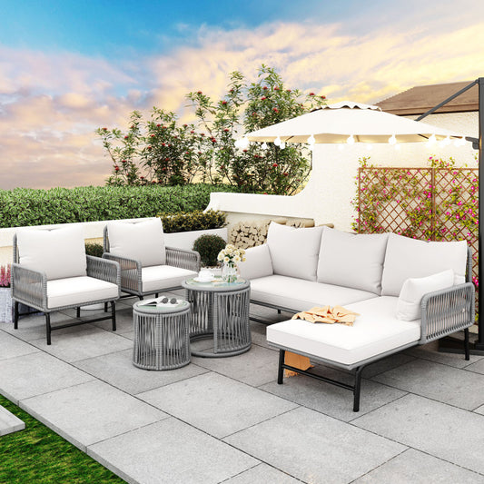 Gartenlounge-Set, Gartenmöbel-Set, Mit Eisenrahmen und grauem Seil, Gartenmöbel aus gewebtem Seil für den Außenbereich, Grau, Zwei Sessel, zwei 2-Sitzer-Sofas und zwei Tische (alle Kissen inklusive)