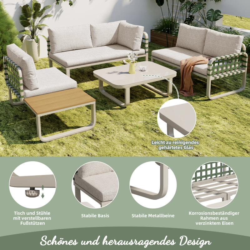 Garten Lounge Set (4-5 Sitzer), Grünes Leder Rattan Gartenmöbel Set, Modernes Outdoor Sofa Set inkl. aller Sitz- und Rückenkissen, Balkonset, Garten und Terrasse, Aprikose