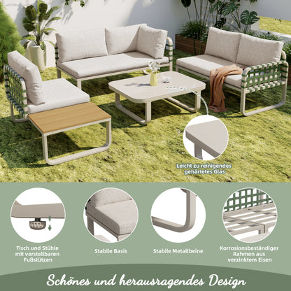 Garten Lounge Set (4-5 Sitzer), Grünes Leder Rattan Gartenmöbel Set, Modernes Outdoor Sofa Set inkl. aller Sitz- und Rückenkissen, Balkonset, Garten und Terrasse, Aprikose