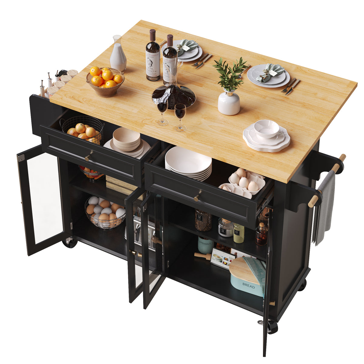 Kücheninsel mit Rollen & Glastüren, klappbare Arbeitsplatte, mobiler Servierwagen mit Schublade & Regal, Küchenwagen Schwarz & Holzoptik