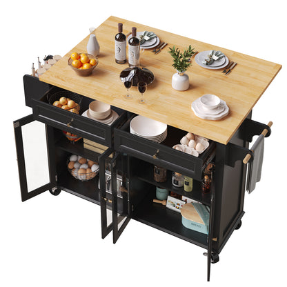 Kücheninsel mit Rollen & Glastüren, klappbare Arbeitsplatte, mobiler Servierwagen mit Schublade & Regal, Küchenwagen Schwarz & Holzoptik