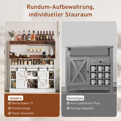 Kaffeebar 120 cm mit Gläserhalter & Steckdosen, Sideboard im Landhausstil mit Schiebetüren – Weiß/Natur