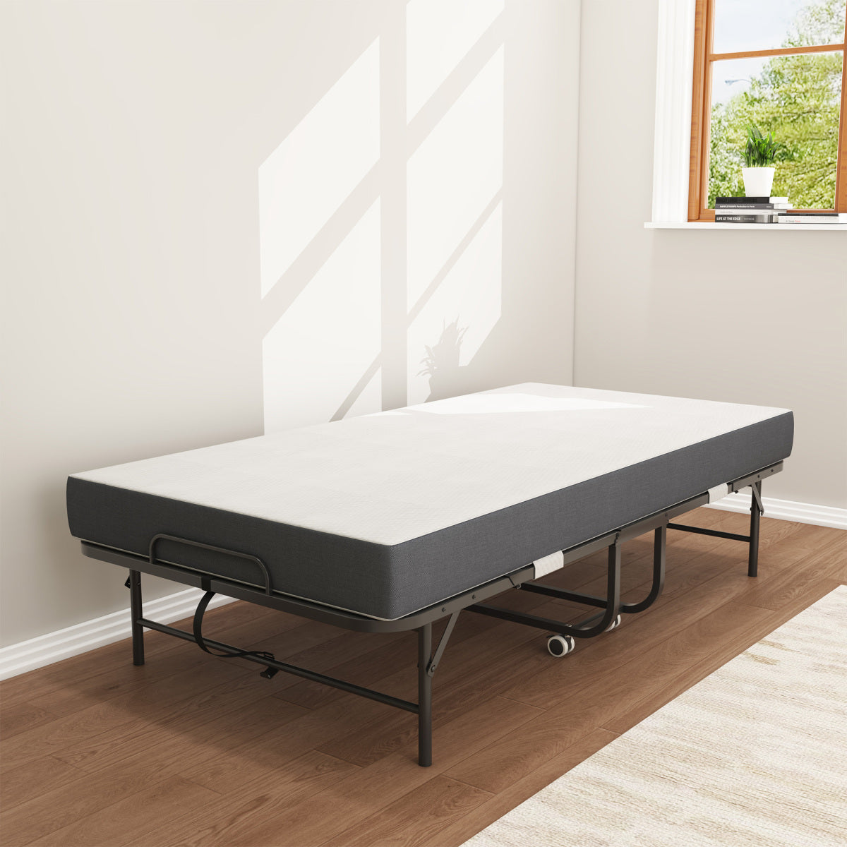 190 × 96 cm Klapp-Twin-Bett mit 9,5 cm Memory-Foam-Matratze, tragbares Gästebett/Rollbett, stabiler Metallrahmen