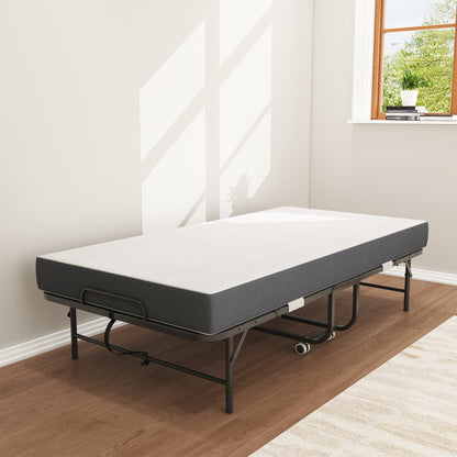 190 × 96 cm Klapp-Twin-Bett mit 9,5 cm Memory-Foam-Matratze, tragbares Gästebett/Rollbett, stabiler Metallrahmen