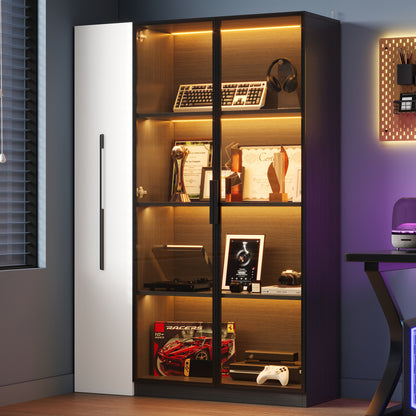 Multifunktionsschrank 110,5x35x160cm Vitrine mit LED-Beleuchtung, Seitenauszug & Glastür – Moderner Hochschrank in Schwarz-Weiß