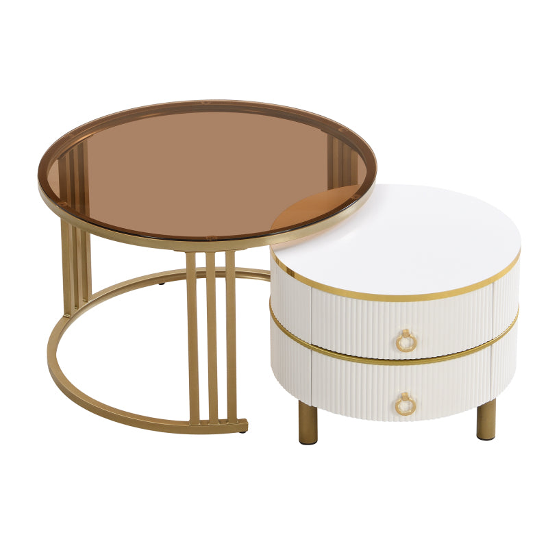 2-in-1 runder Couchtisch aus MDF, Beistelltisch mit 1 weißen Platte und 1 braunen Platte aus gehärtetem Glas, Couchtischkombination mit 2 Schubladen für das Wohnzimmer, 70*70*45 + 50*50*40 cm