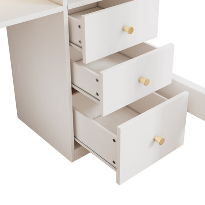 Kinderbett Hochbett mit L-förmigem Schreibtisch, Regalen und Schubladen mit USB/Type-C Ladebereich, Jugend-Einzelbett mit Leiter und Holzlattenrost, 90×200cm, Weiß, ohne Matratze.