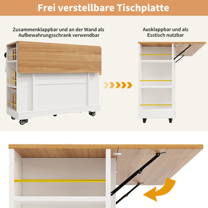 Moderne Kücheninsel Küchenschrank mit Holzmaserung Multifunktionaler Esstisch Speisewagen Buffetschrank mit Stretchfunktion Weiß Ohne Matratze