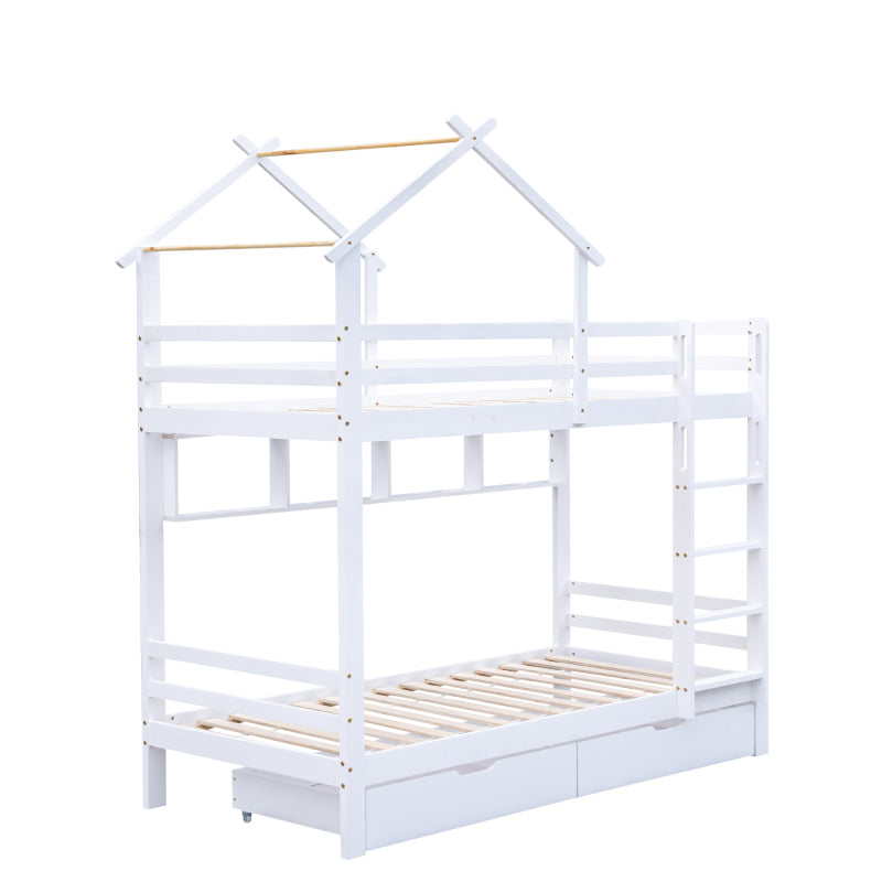 Etagenbett mit Schubladen und Regalen, Hausbett mit dreistufige rechtwinklige Leiter, Kinderbett mit Fallschutz und Gitter, Rahmen aus Kieferholz, Weiß (90x200cm)