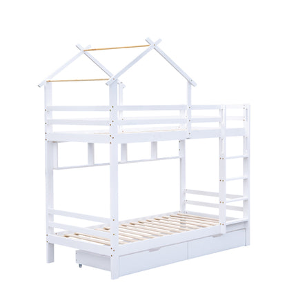 Etagenbett mit Schubladen und Regalen, Hausbett mit dreistufige rechtwinklige Leiter, Kinderbett mit Fallschutz und Gitter, Rahmen aus Kieferholz, Weiß (90x200cm)