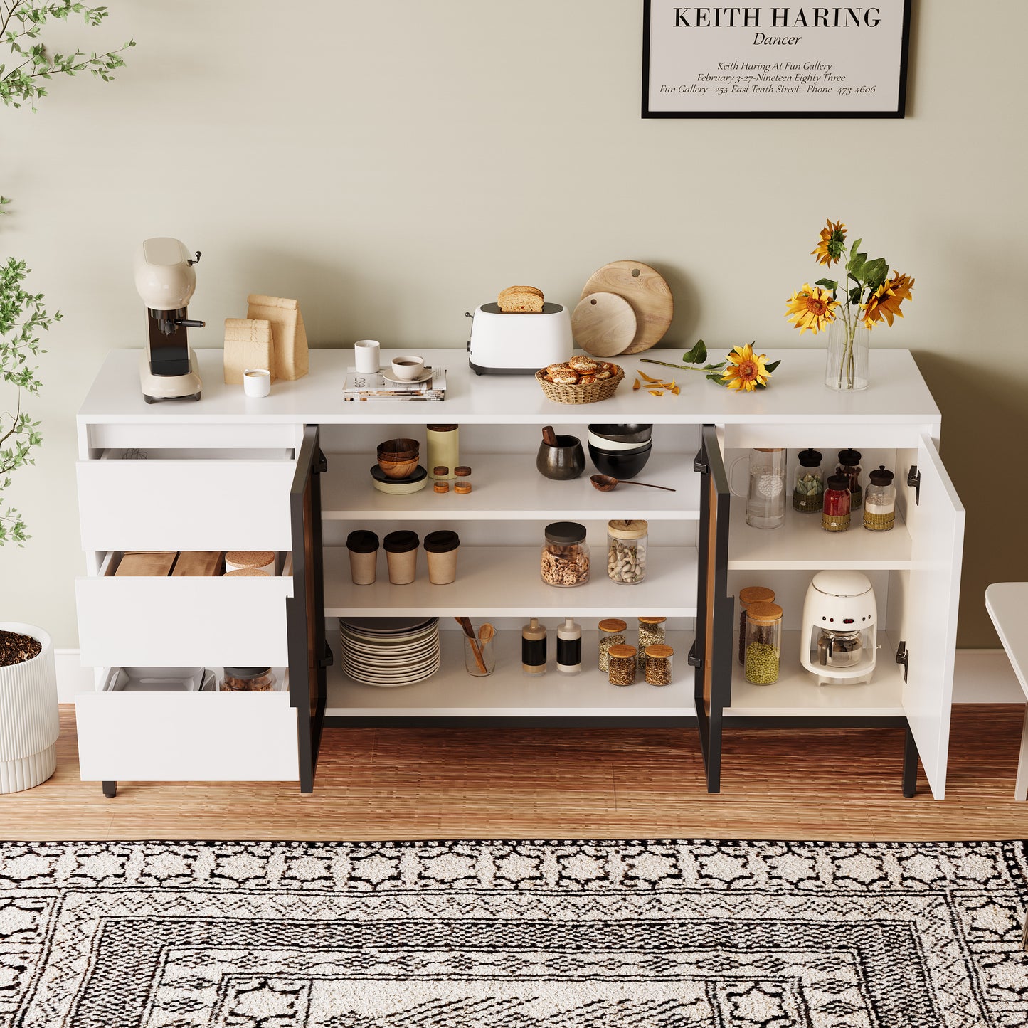 Sideboard Weiß 160 cm, Buffetschrank mit 3 Schubladen & 2 Türen, Anrichte Küche, Kommode 80 cm Hoch