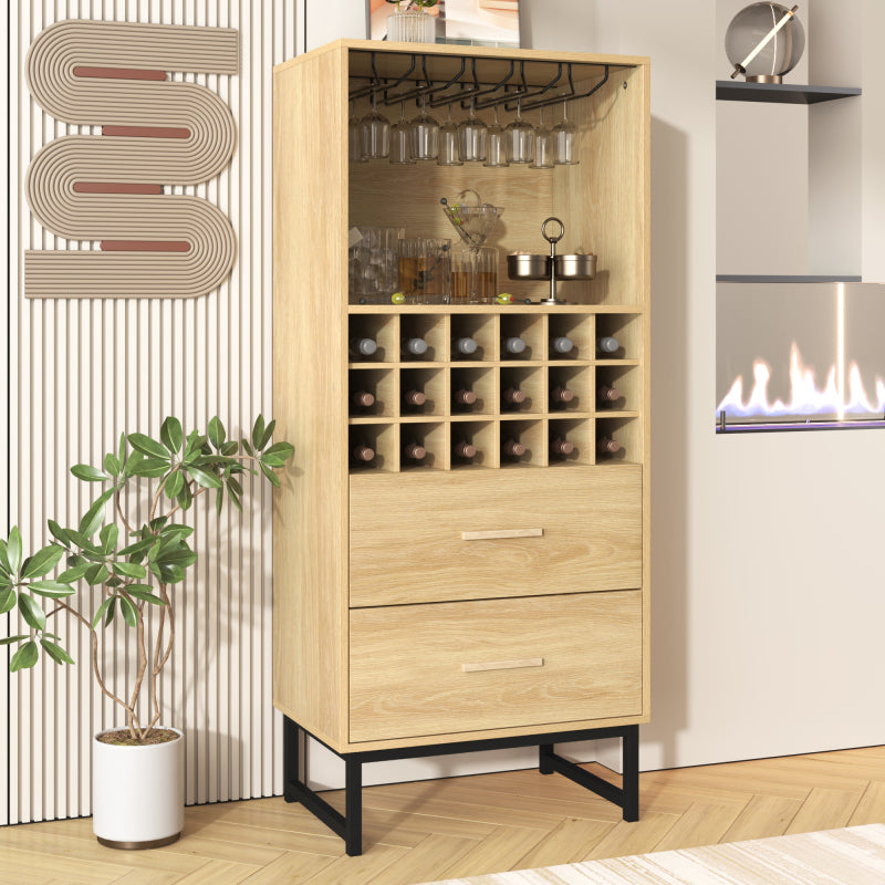 Sideboard, Stilvoller Weinschrank mit zwei Schubladen, 18 Fächern und Gläserhalterung – Mattschwarze Metallfüße – Perfekt für Weinliebhaber