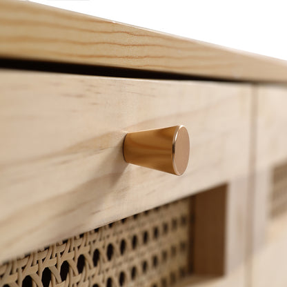 Klassische Kommode, Schrank mit 3 Schubladen, mit Rattan-Schubladenplatte, mit unterem Flip-Top-Deckel, mit goldfarbenem Metallgriff und Holzbeine, Stauraum im Wohnzimmer und Schlafzimmer, Spanplatten