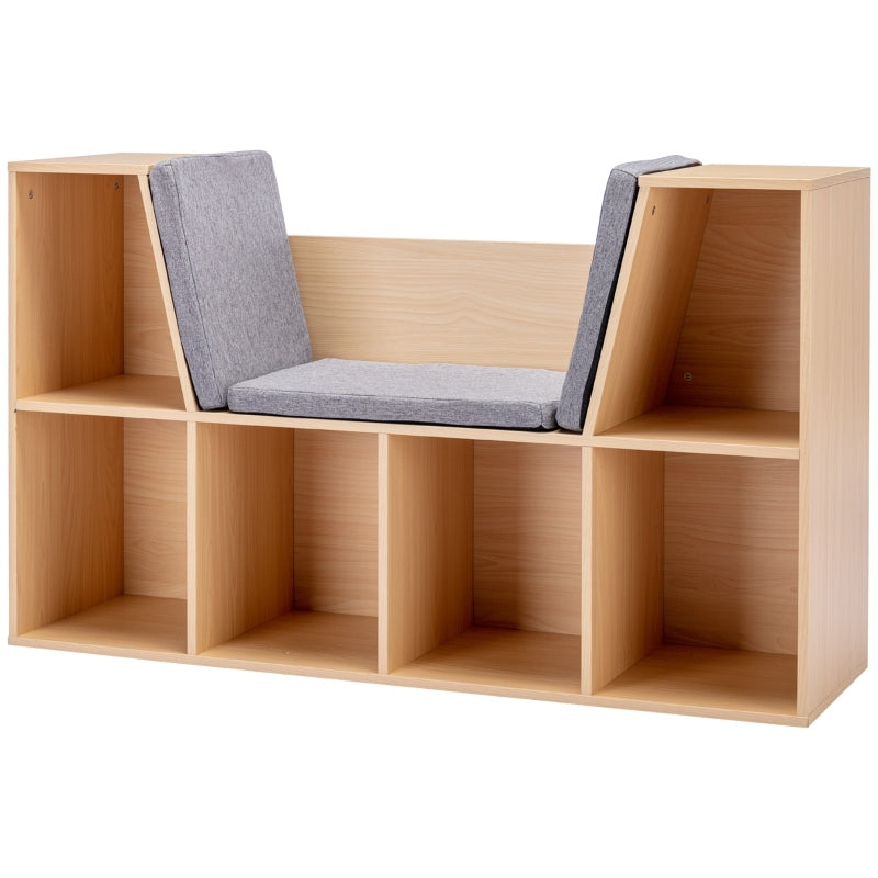 Kinderregal Bücherregal mit Sitzhocker Kindersitzbank mit 6 Fächern Sitztruhe mit 3 Kissen Spielzeugkiste ab 3 Jahren Grau+Natur
