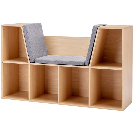 Kinderregal Bücherregal mit Sitzhocker Kindersitzbank mit 6 Fächern Sitztruhe mit 3 Kissen Spielzeugkiste ab 3 Jahren Grau+Natur
