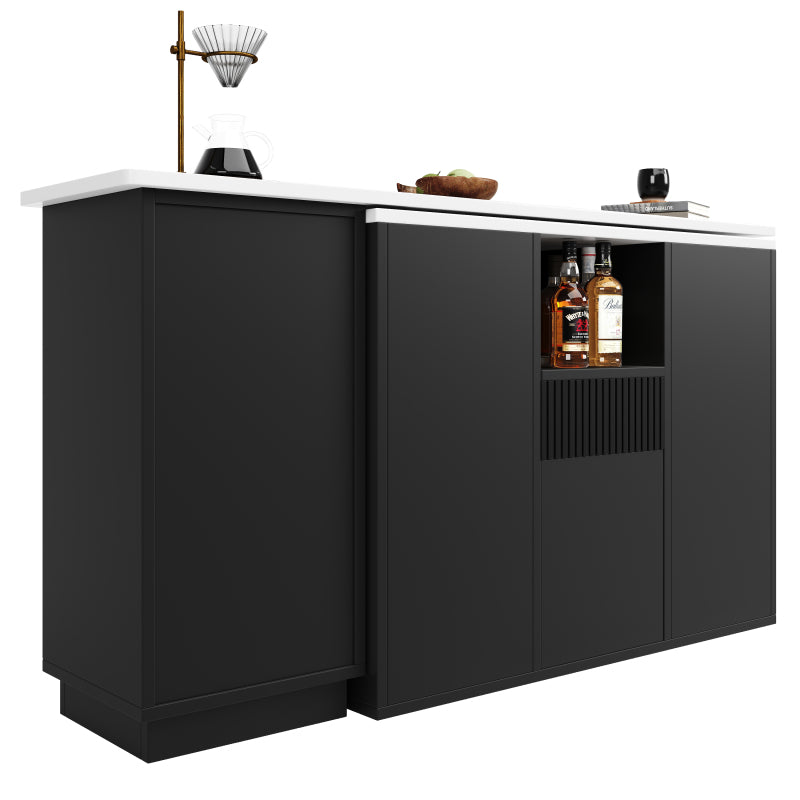 Um 360° drehbarer Bartisch (Hauptkörper 198,5 x 30 x 75 cm), modernes und schlichtes schwarzes Design, mit offenem Stauraum und Marmor-Arbeitsplatte, multifunktionale Aufbewahrungsinsel, geeignet für