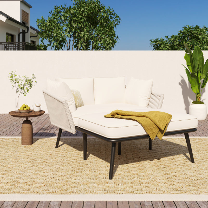 Gartensofa mit 2 Kissen und 2 Polster, Sonnenliege im Außenbereich, Gartenlounge, Kissen sind abnehmbar und waschbar, Beige