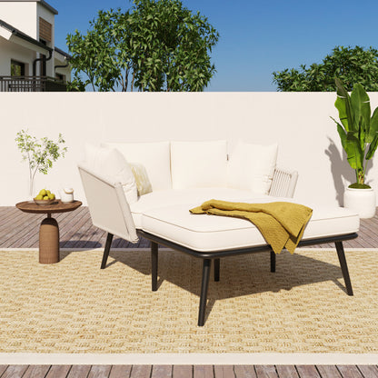 Gartensofa mit 2 Kissen und 2 Polster, Sonnenliege im Außenbereich, Gartenlounge, Kissen sind abnehmbar und waschbar, Beige