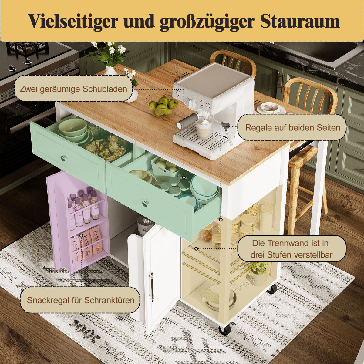 Kücheninsel mit Rollen & ausziehbarer Platte, Servierwagen Weiß/Holzoptik, 120cm Sideboard mit 7 Rollen, 2 Schubladen & verstellbaren Regalen