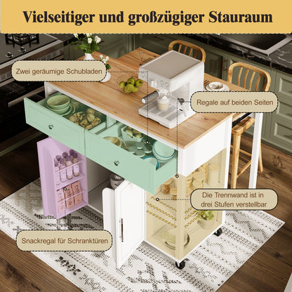 Kücheninsel mit Rollen & ausziehbarer Platte, Servierwagen Weiß/Holzoptik, 120cm Sideboard mit 7 Rollen, 2 Schubladen & verstellbaren Regalen