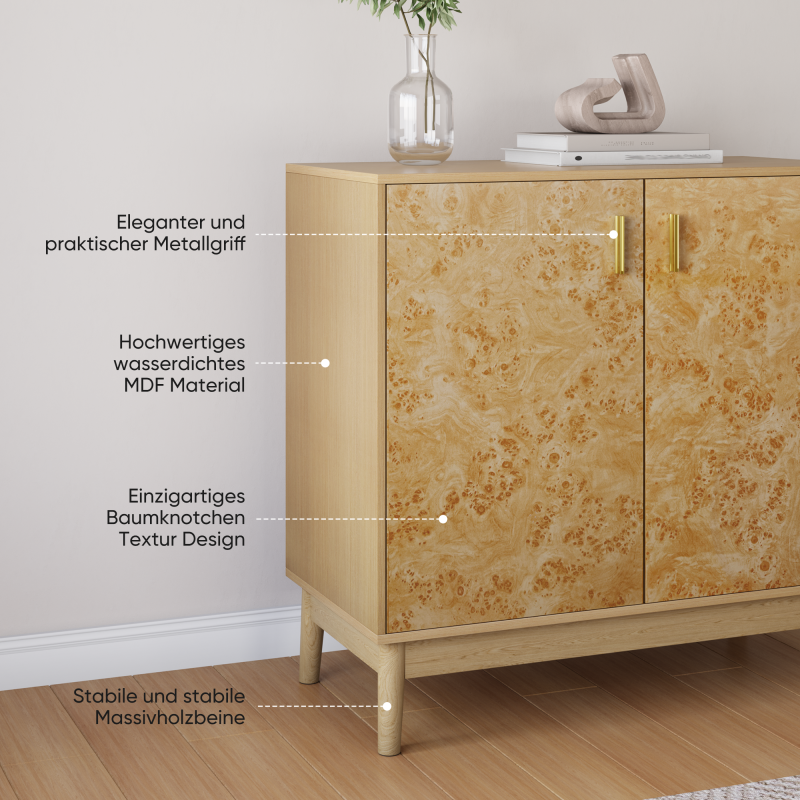 Buffetschrank im Landhausstil mit Massivholzbeinen & verstellbaren Regalen – Deko Schrank für Wohnzimmer, Flur & Eingangsbereich