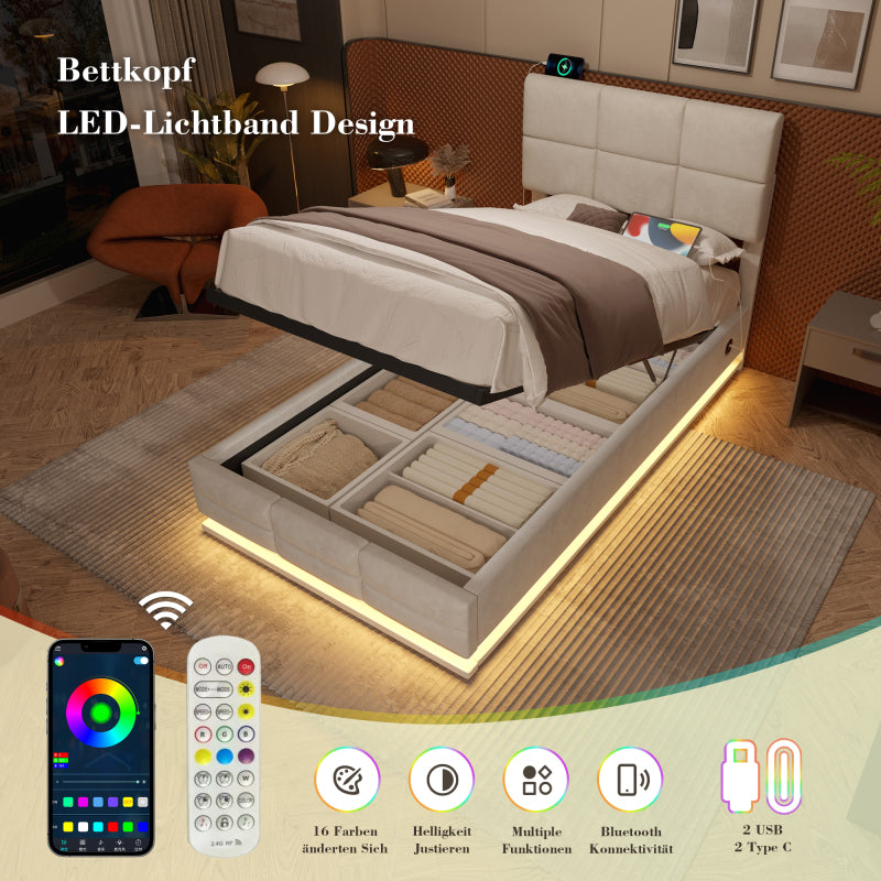 90x200 cm Modernes Velours-Polsterbett mit höhenverstellbarem Kopfteil - Inkl. USB/Type-C-Anschlüssen, LED-Ambientebeleuchtung, hydraulischem Lift-System & XXL-Stauraum (ohne Matratze) - Beige