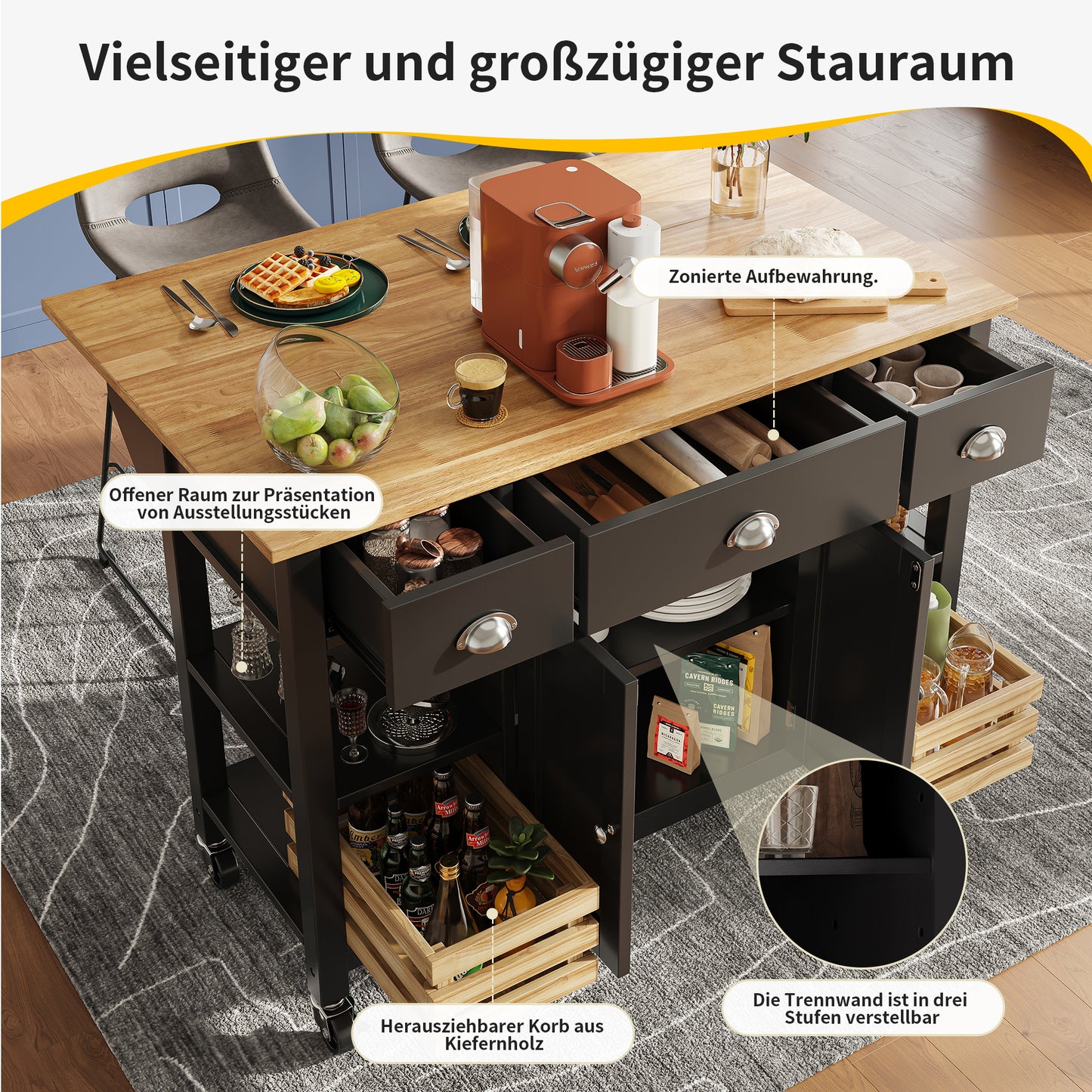 Moderne Kücheninsel Küchenschrank mit Kiefernkorb 120x45x90cm Multifunktions Esstisch Servierwagen Holzmaserung Aufbewahrungskorb Schwarz