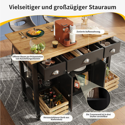 Moderne Kücheninsel Küchenschrank mit Kiefernkorb 120x45x90cm Multifunktions Esstisch Servierwagen Holzmaserung Aufbewahrungskorb Schwarz