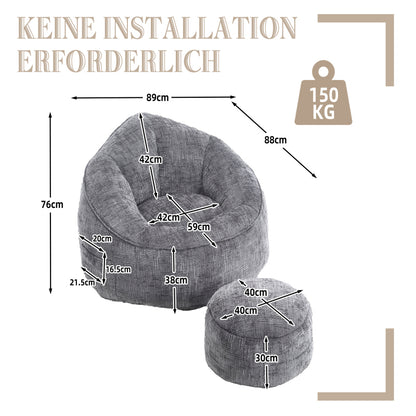 Sitzsack Sofa Stuhl für Erwachsene mit Fußstütze, Grau
