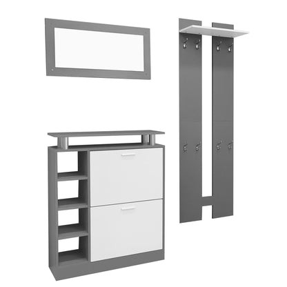 Wandgarderoben-Set 80 x 25 x 96.5 cm, inkl. Spiegel, 2 Wandpaneelen, einer Regalwand und einem Schuhschrank, Korpus anthrazitgrau matt, Flurmöbel, Flurtrockenständer, Flurgarderobe, Schuhwechsler-Set,