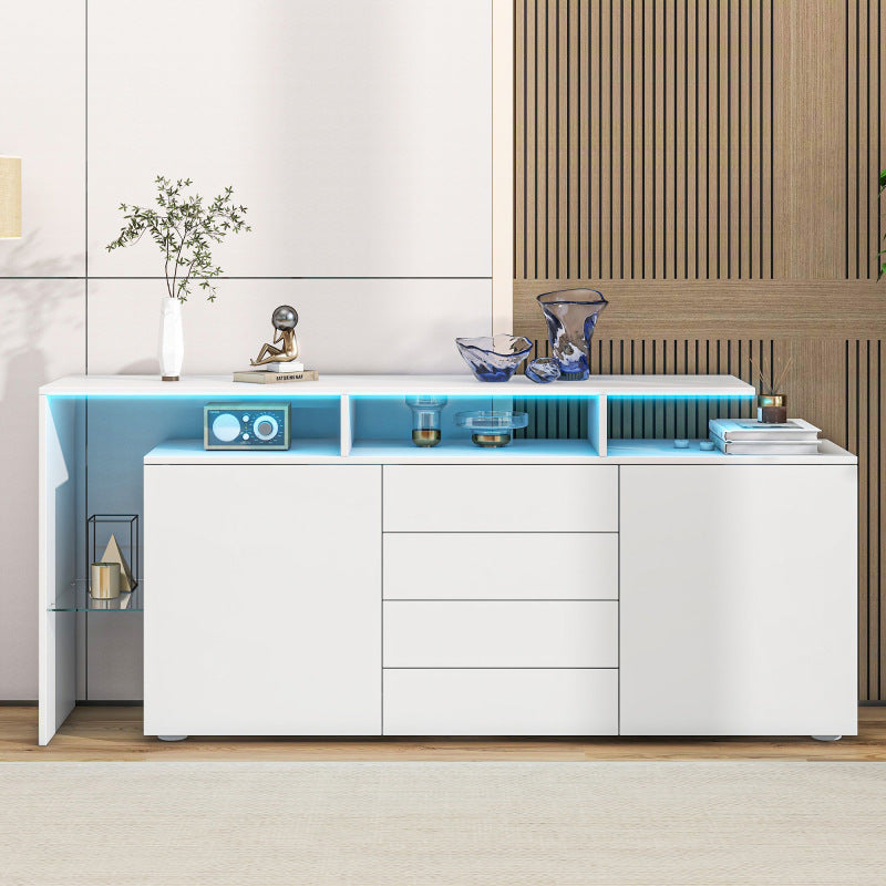 Kommode, Sideboard mit LED, Wohnzimmermöbel in Weiß Hochglanz, Wohnzimmerschrank, Standschrank, TV-Schrank, Wohnzimmerwand, Highboard, Mehrzweckschrank, LED-Vitrine, Buffetschrank Esszimmer