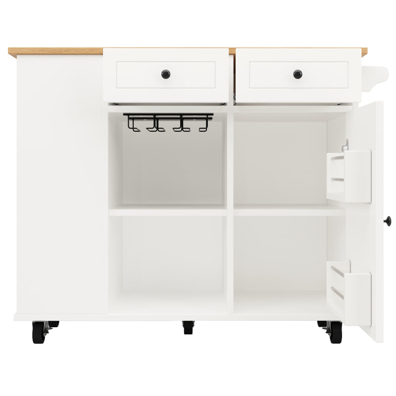Kücheninsel mit herausnehmbaren Trennwänden, Küchenschrank, Esszimmerwagen mit Arbeitsplatte, Buffetschrank, Esszimmerwagen mit Holzmaserung, ausgestattet mit Snackhalter und Weinglasregal, weiß