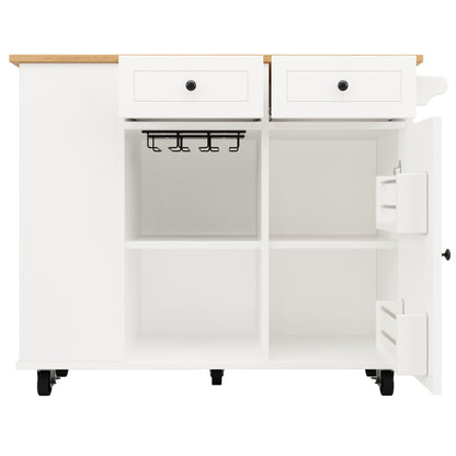 Kücheninsel mit herausnehmbaren Trennwänden, Küchenschrank, Esszimmerwagen mit Arbeitsplatte, Buffetschrank, Esszimmerwagen mit Holzmaserung, ausgestattet mit Snackhalter und Weinglasregal, weiß