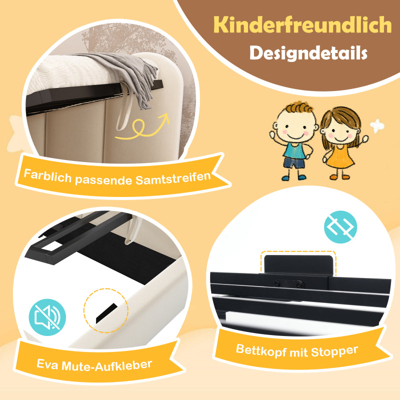 Polsterbett Daybett 90x200 cm,Tagesbett Schlafsofa mit hydraulischem Stauraum, Kinderbett mit Metall-Lattenrost, Samt, Beige, ohne Matratze