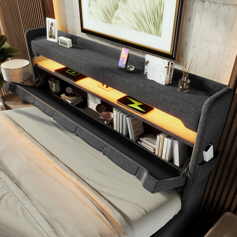 Polsterbett Doppelbett 180*200, Stauraum Kopfteil mit USB und Typ C-Port ,360-Surround-LED-Funktion rund um Kopf- und Fußende des, Betten mit Hydraulisch Stauraum, Grau , Leinen(Ohne Matratze)