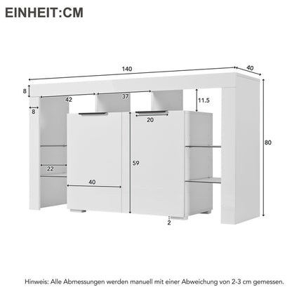 Hochglanz-LED-Sideboard, Küchenschrank, Schrank, Buffet-Aufbewahrung, Servertisch mit LED-Leuchten, Hochglanz-Buffetschrank mit 4 Glasböden und 2 Tür, Vitrine für Wohnzimmer, Eingangsbereich
