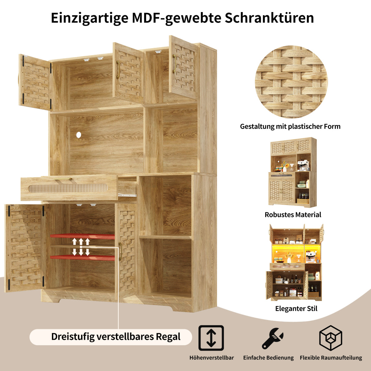 Hochschrank 120x40x180cm Vitrine mit LED-App-Steuerung & Musikmodus, Küchenschrank Natur Holzoptik, MDF-Geflecht & Glastüren