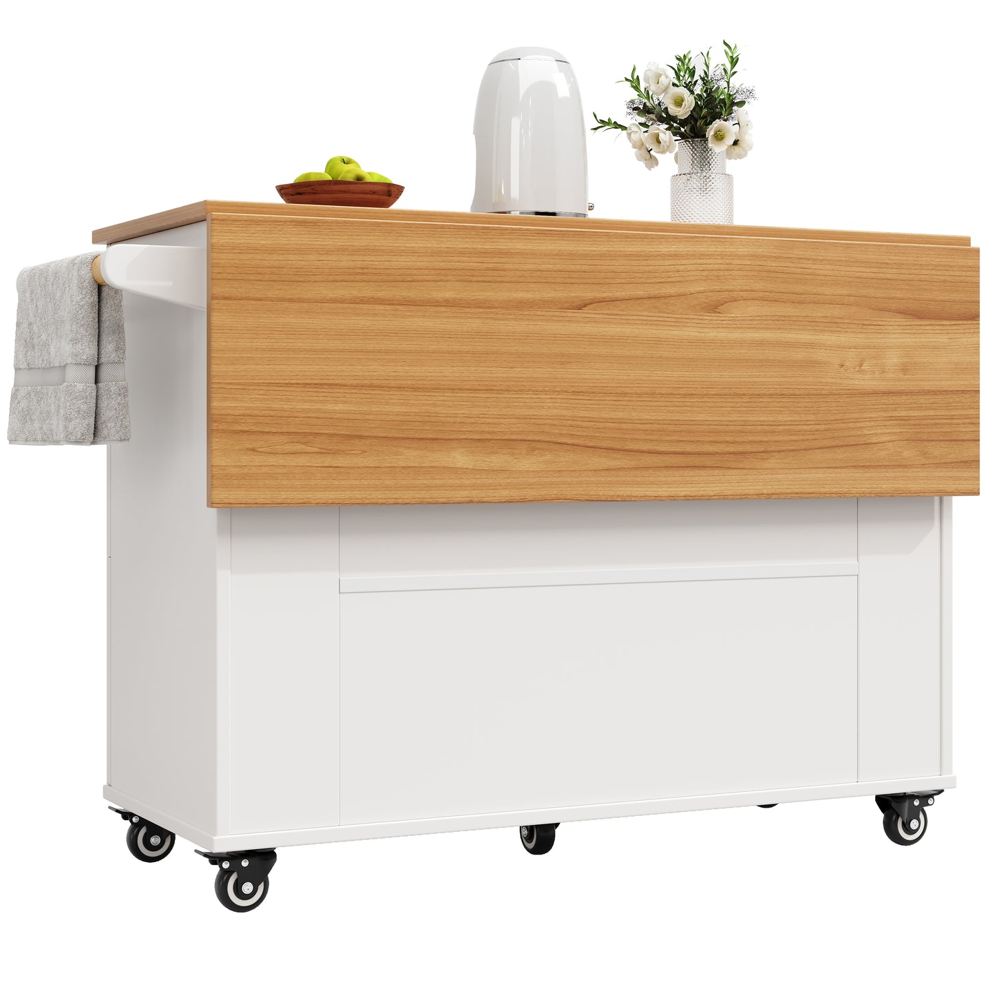 Moderne Kücheninsel, Küchenschrank, buffetschrank, Speisewagen mit Holzmaserung, buffetschrank, Multifunktionale Esstisch mit Speicherraum, Speisewagen mit Stretchfunktionsschränken, weiß