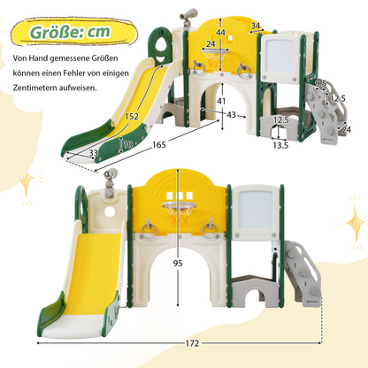10 in 1 Kinderrutsche Kletterspielzeug, Multifunktionsrutsche Rutschen, freistehende Rutsche, Klettern, Bohrspiel, Stauraum, Spielkorridor, Basketballkorb, Lasso-Spiel, Reißbrett, Golfspiel, Teleskop