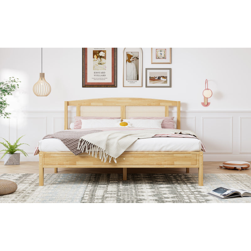 Doppelbett, Rattanbett, Jugendbett Erwachsenenbett 160X200cm, Rattannetzkissen, mit 15 Latten und Mittelfüße, Kiefer + PE-Rattan, Natur