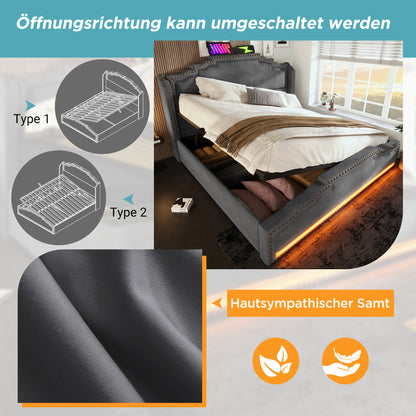 Polsterbett 160x200, Doppelbett mit hydraulischem Stauraum, LED-Beleuchtung und USB-C-Ladeanschluss, Stauraumbett und Jugendbett mit Lattenrost, Samt, Grau, ohne Matratze