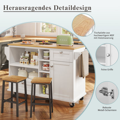Esszimmerwagen (129 x 46 x 92 cm), modernes minimalistisches Weiß, mobiler Küchen-Esswagen mit Schubladen und Lagerschränken, hellbraune Holzarbeitsplatte, passend für moderne Wohnungen